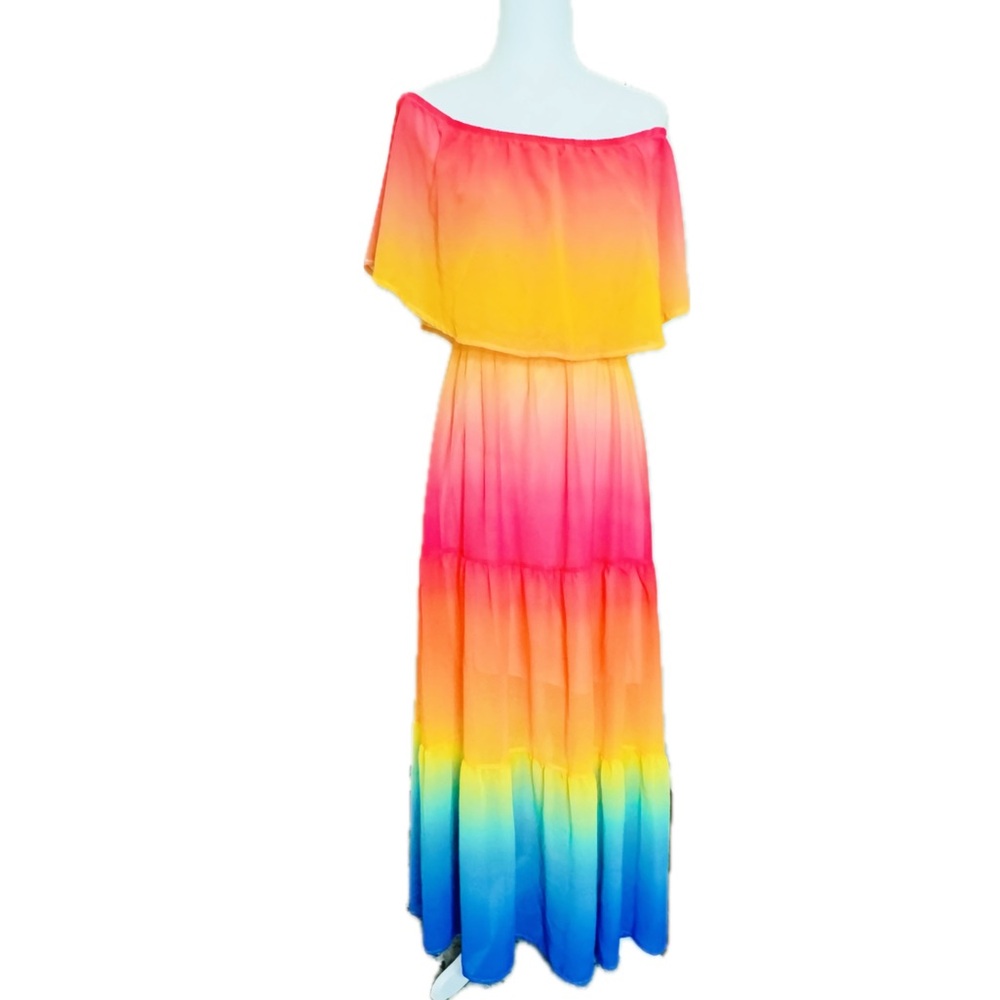 Fabulous Rainbow Off-the-Shoulder Ruffle Maxi Dress, Size L